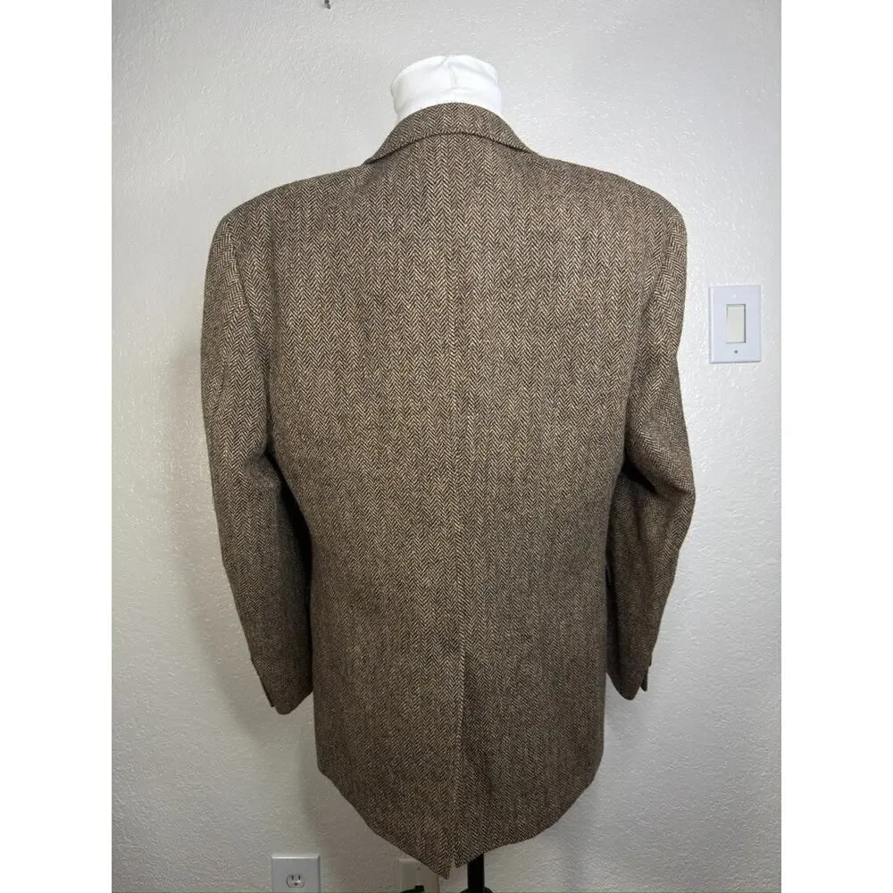 Harris Tweed Scottish Wool Blazer Houndstooth Brown Men Coat Jacket 44L Brown